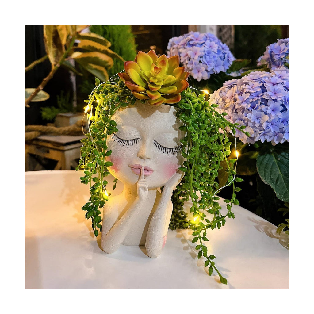 Cute Face Head Planter Pot With Solar Led String Lights & Drainage Hole | Warterproof, Long Lasting Resin Material