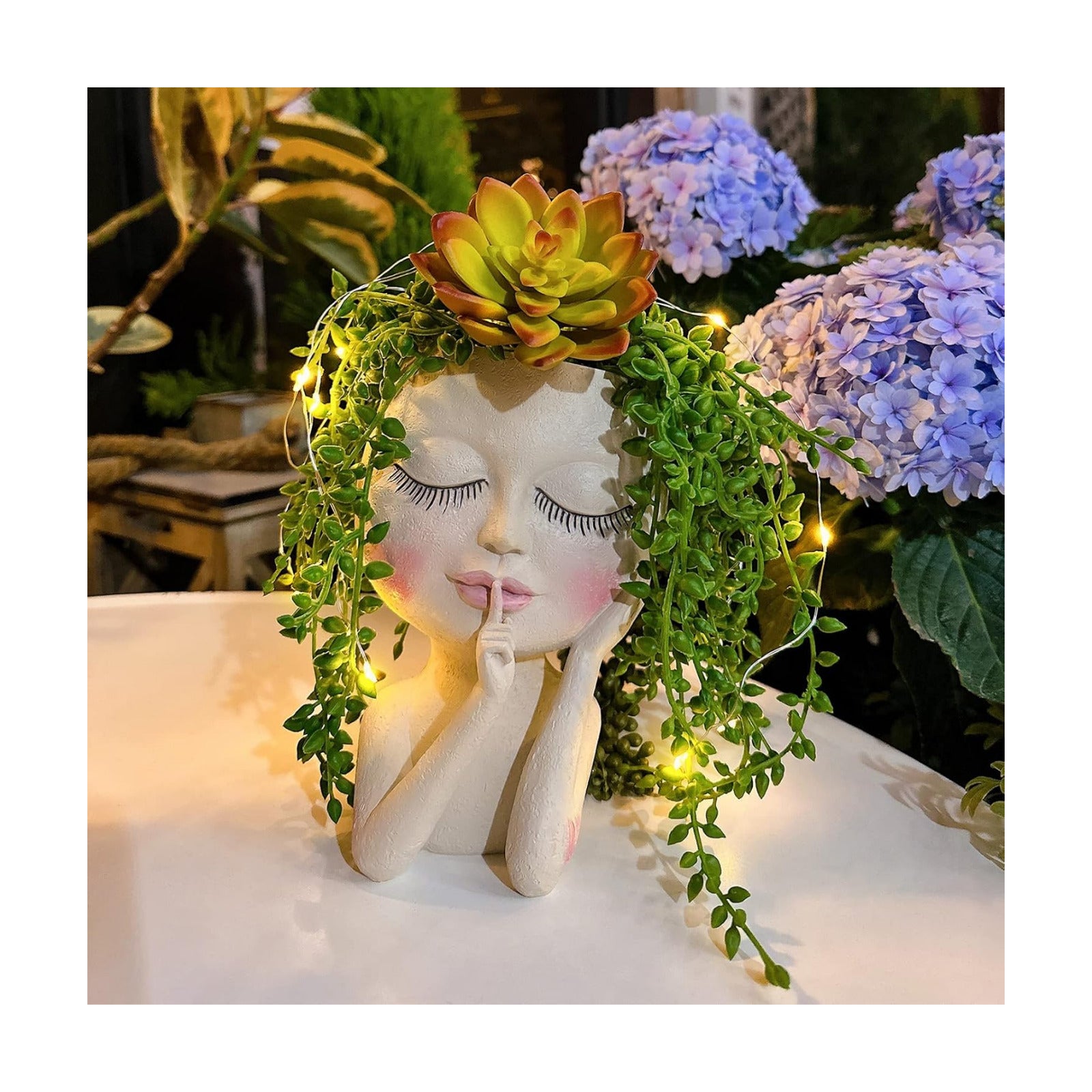 Cute Face Head Planter Pot With Solar Led String Lights & Drainage Hole | Warterproof, Long Lasting Resin Material