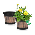 Quarut Plant Pots Set of 3 Pack 9 inch,Whiskey Barrel Planters with Drainage Holes & Saucer.Plastic Decor Flower Pots Imitation Wine Barrel Design,for Indoor & Outdoor Garden Home Plants (Brown)