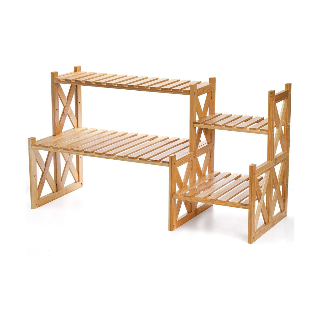 Lawei 2 Tier Bamboo Tabletop Plant Stand, Adjustable Flower Pot Holder Shelf Planter Display Stand, Small Desktop