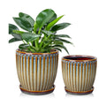 Oairse Ceramic Pots for Indoor Plants, 4.9 +5.7 inch Set of 2 Brown Plant Pots with Drainage Holes and Saucers Texture