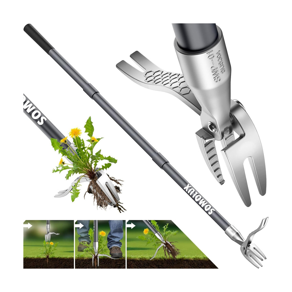 SOMOLUX 52'' Weed Puller Stand-up Weeder Weeding Tool for Gardening Heavy-duty Stainless Steel Claw with Long Metal