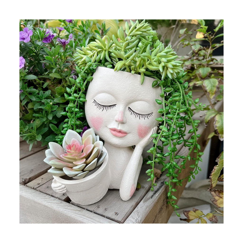 Face Planter Pot, Double Flower Pots Resin with Drainage Hole | Waterproof Paper Decorative Flowers for Garden Home
