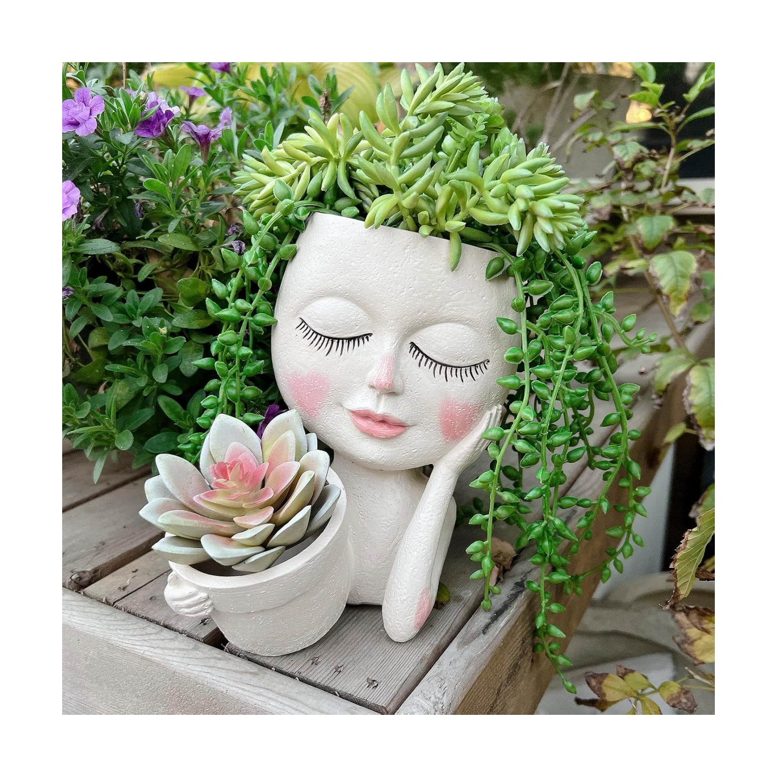 Face Planter Pot, Double Flower Pots Resin with Drainage Hole | Waterproof Paper Decorative Flowers for Garden Home
