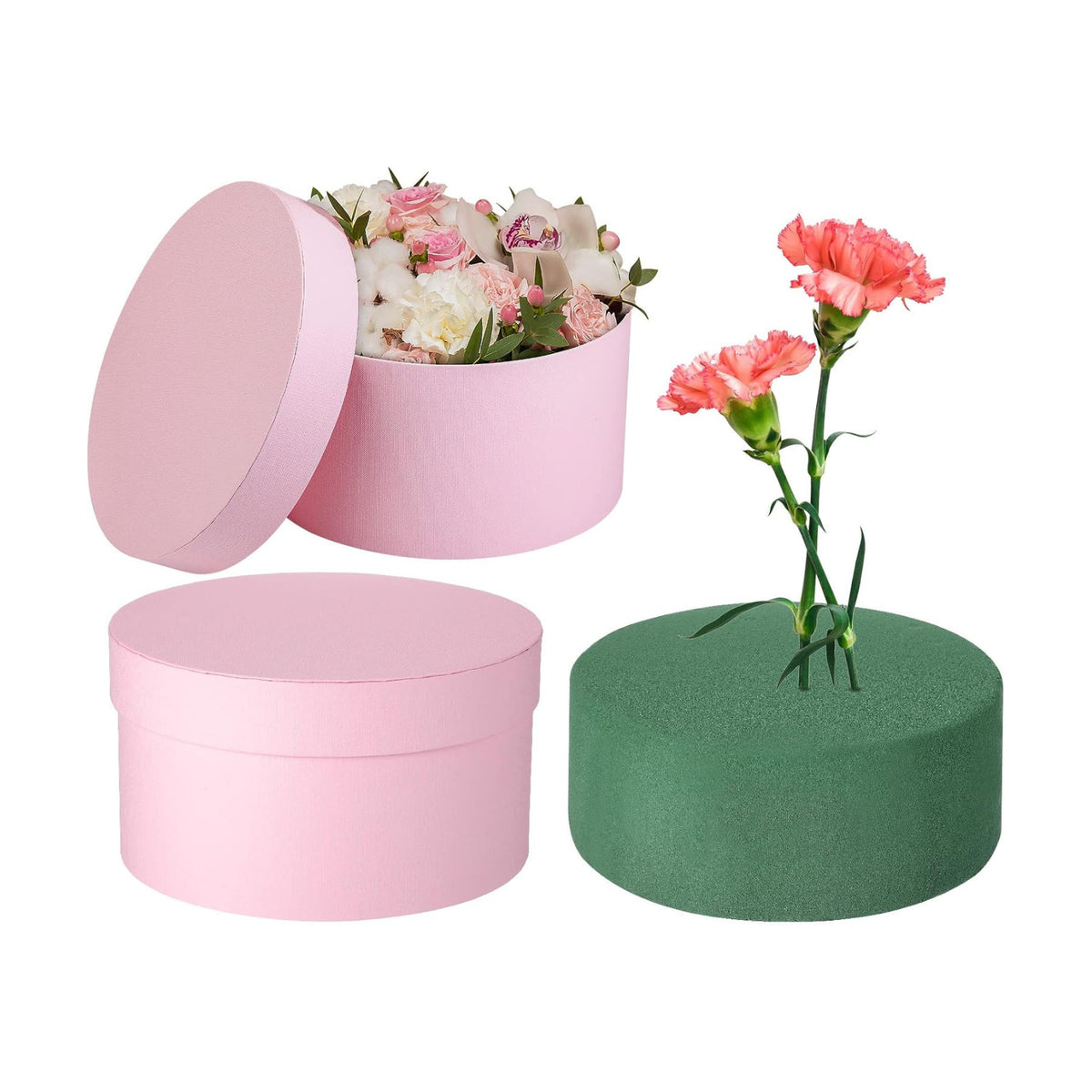 Nuenen Round Gift Boxes with Lids Floral Foam Set for Arrangements, Pink