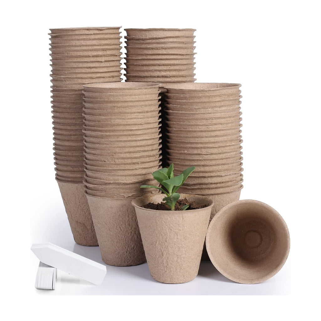 JERIA 100-Pack 3.15 Inch Peat Pots for Seedling with 100 Pcs Plant Labels,Outdoor Garden Germination Nursery Pots,Biodegradable Seed Starter Pots Kits