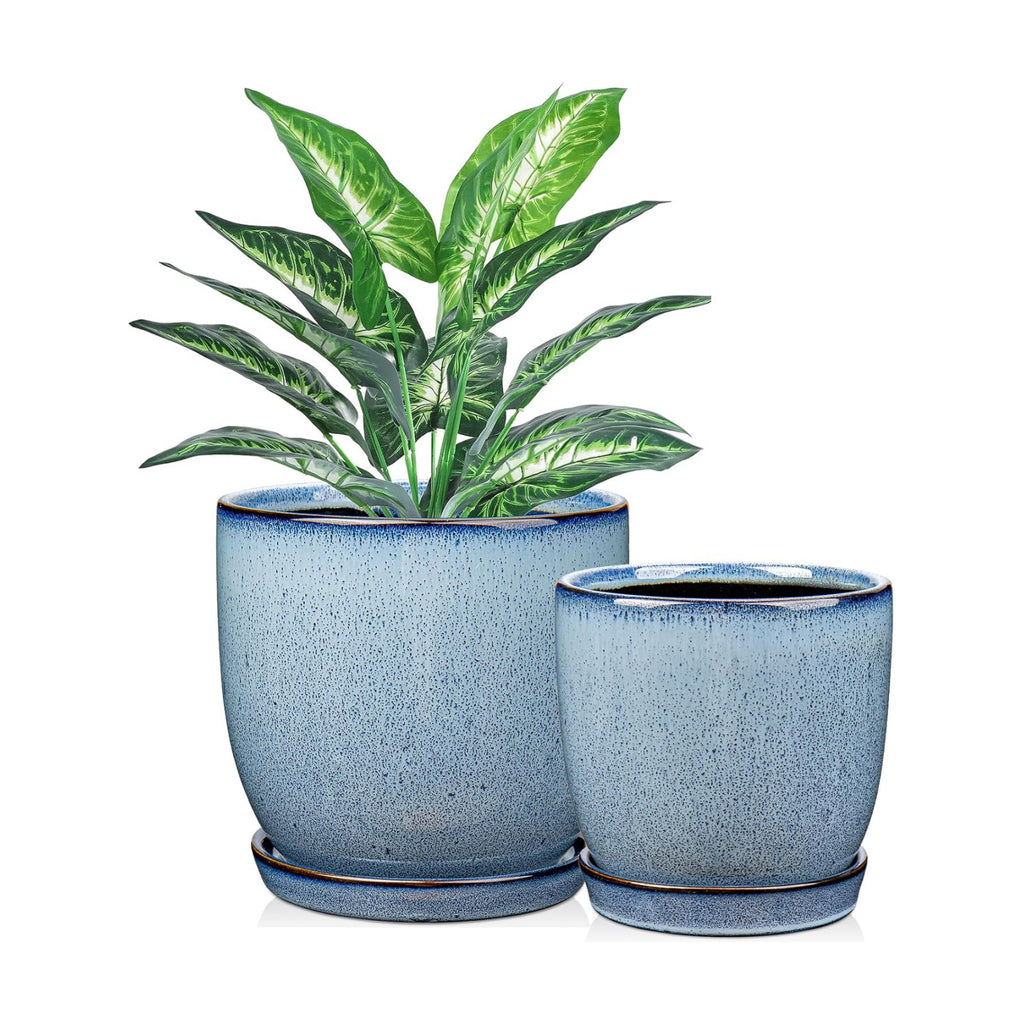 GnFlus Ceramic Plant Pots 6 Inch + 5 Inch Set of 2, Flower Plants Pot with Drainage Holes and Saucers Tray Blue Planter