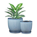 GnFlus Ceramic Plant Pots 6 Inch + 5 Inch Set of 2, Flower Plants Pot with Drainage Holes and Saucers Tray Blue Planter