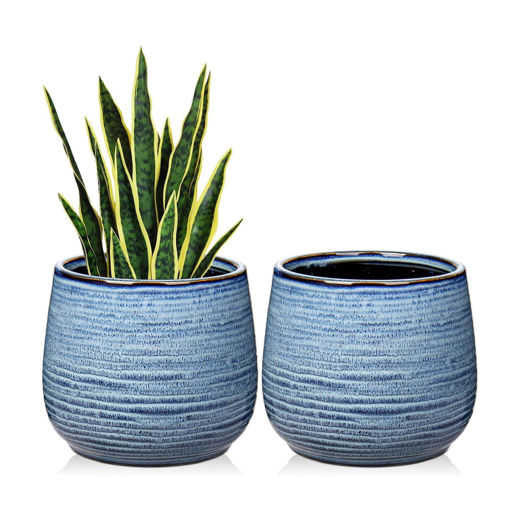 GnFlus Blue Ceramic Plant Pots 5.5 Inch Set of 2, Flower Plants Pot with Drainage Holes Blue Planter Garden Pot for