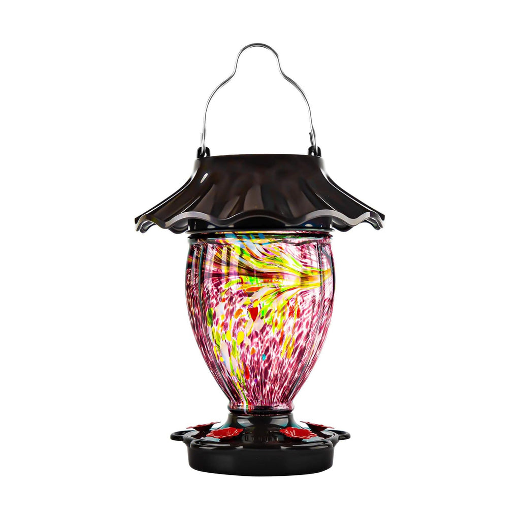 LUJII Solar Powered Hummingbird Feeder for Outside Hanging, Trophy Shaped Hand Blown Glass, Weatherproof, Lighted Lantern for Garden Decor, 32 fl.oz, Never Leak, Unique Gift for Bird Lover(Purple)