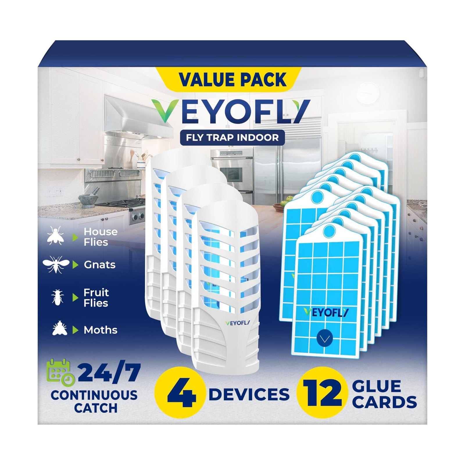 VEYOFLY Fruit Fly Traps Indoor Plug-in UV, Gnat Trap, 4 Device + 12 Refills | UV light attracts insects to glue cards
