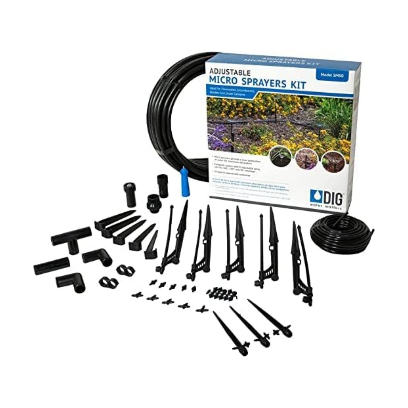DIG SM50 Adjustable Micro Sprayer 46 Piece Kit for Gardens - Versatile and Efficient Watering up to 500 sq. ft.