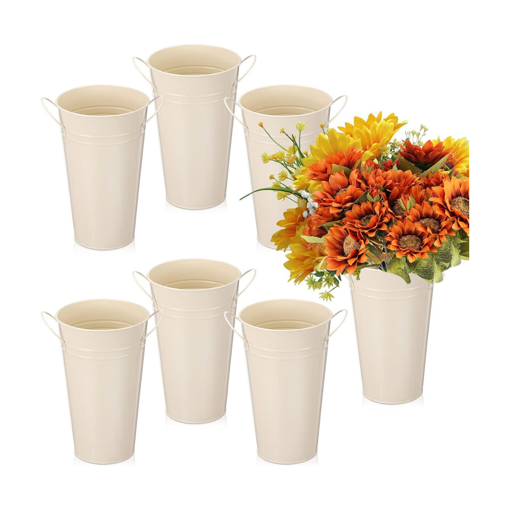 Chumia 6 Pcs Galvanized Metal Flower Buckets with Handles, White, 9.8 Inch