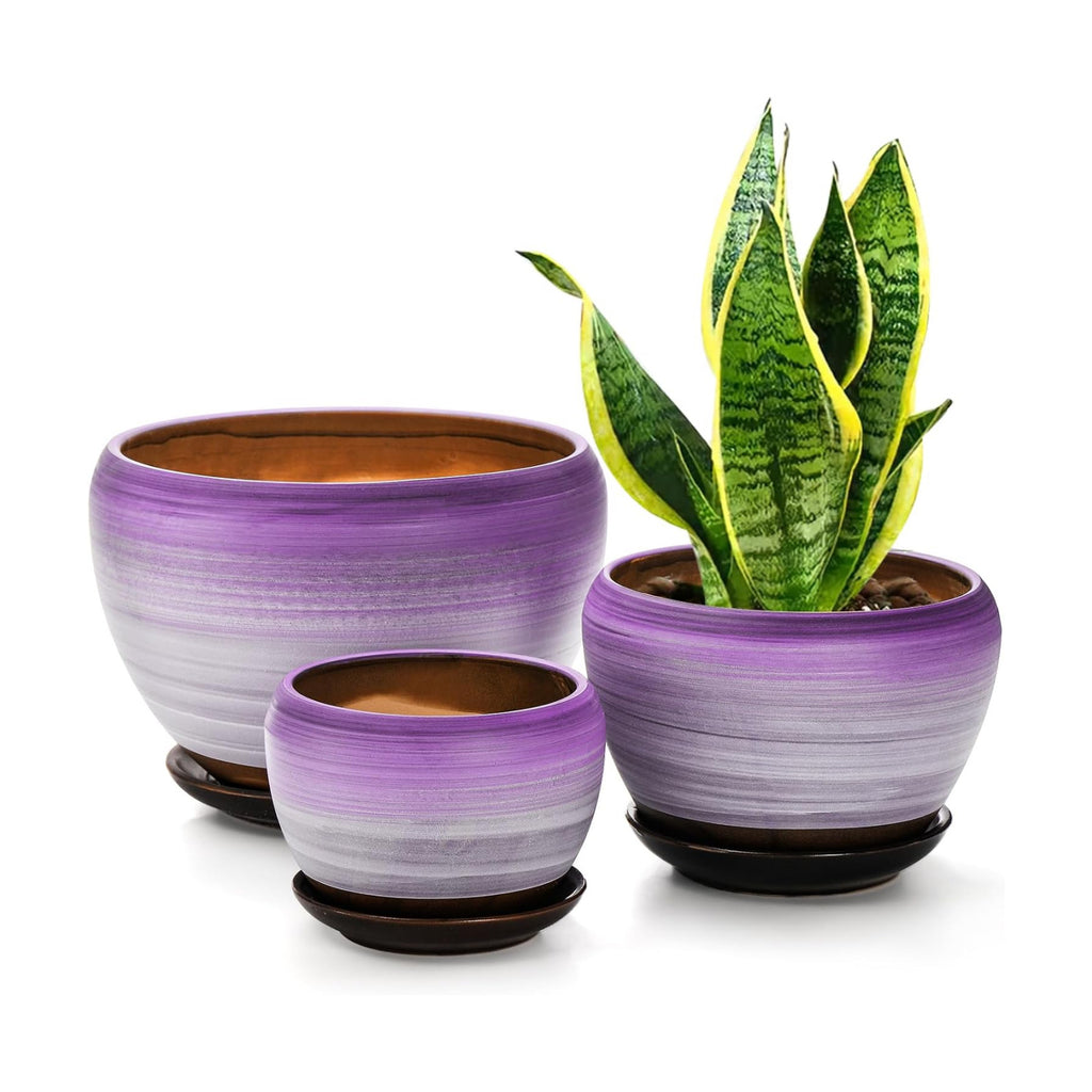 SOUJOY Set of 3 Ceramic Flower Pots, Gardening Plant Pot with Drainage Holes and Saucer, 7/5/4 inch Purple Round