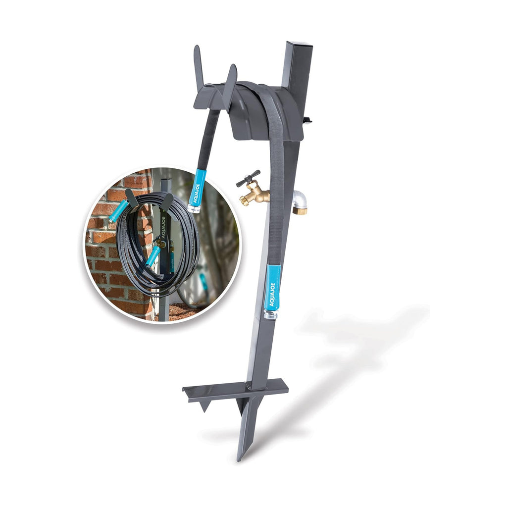 Aqua Joe SJ-SHSBB3LIH Garden Hose Stand with Brass Faucet and 3 ft Lead in Hose, Gray