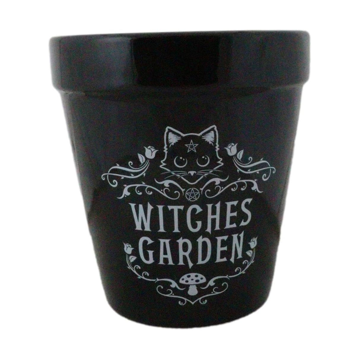 Ebros Gift Wicca Witchcraft Gothic Magic Black Ceramic Planter Pot Vase Floral Container Alchemy Occult Potter Flowerpot Green Thumb Gardening Home Accent (Feline Cat Witches Garden)