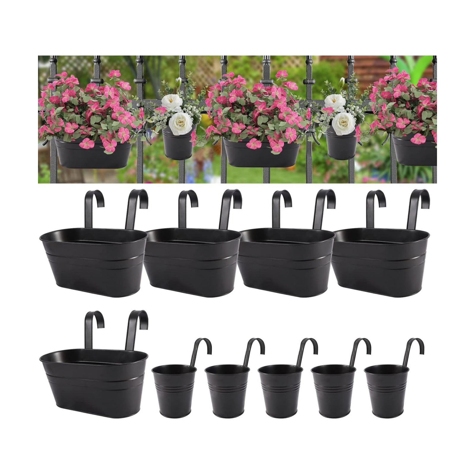 HowRU Metal Iron Flower Pots for Railing Fence Hanging Bucket Pots(5 Pcs) and Hanging Flower Pots Metal Iron Bucket