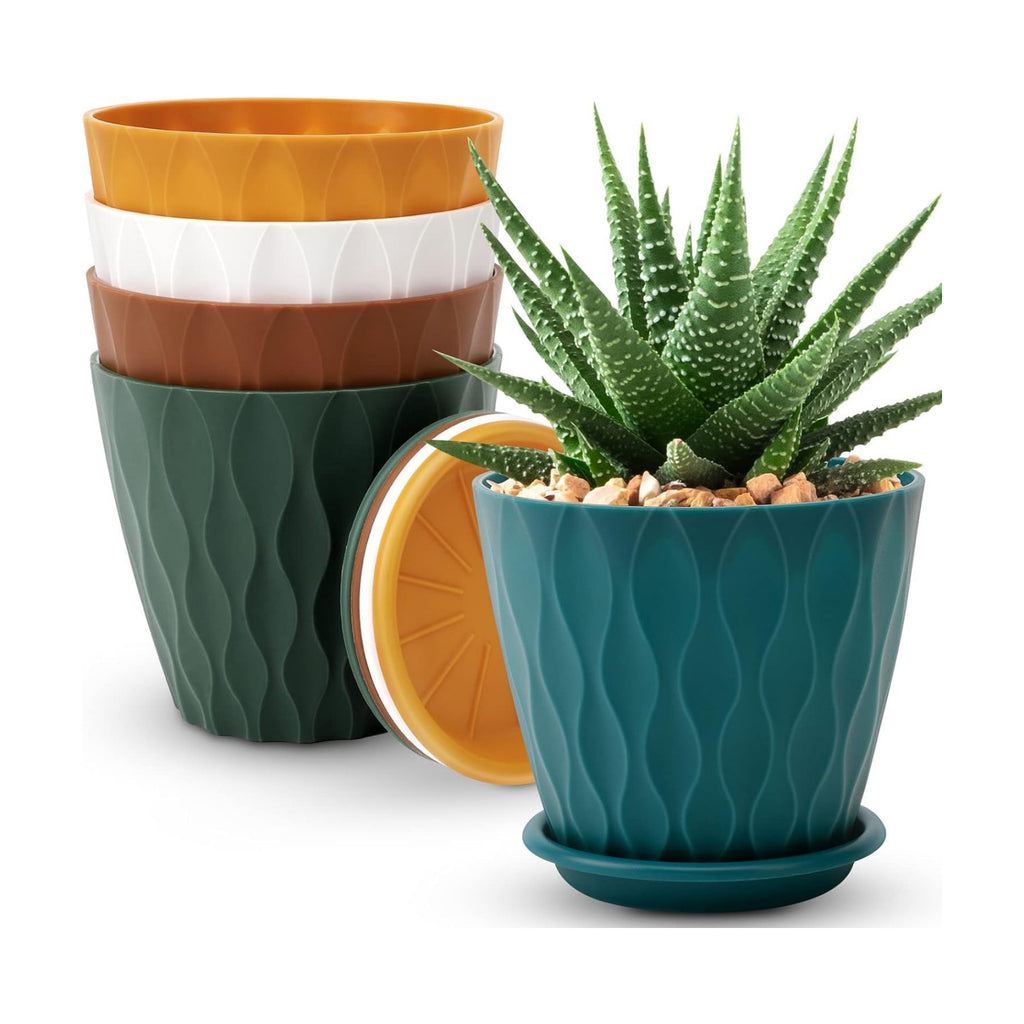 YNNICO 6 inch Plant Pots, 5 Pack Flower Pots Outdoor Indoor, Planters with Drainage Holes and Tray Saucers（Multicolor）