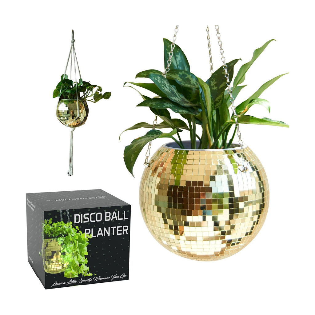 Disco Ball Planter – Value Package: Mirror Disco Planter with Chain, Macrame Hanger and Acrylic Stand for Desk