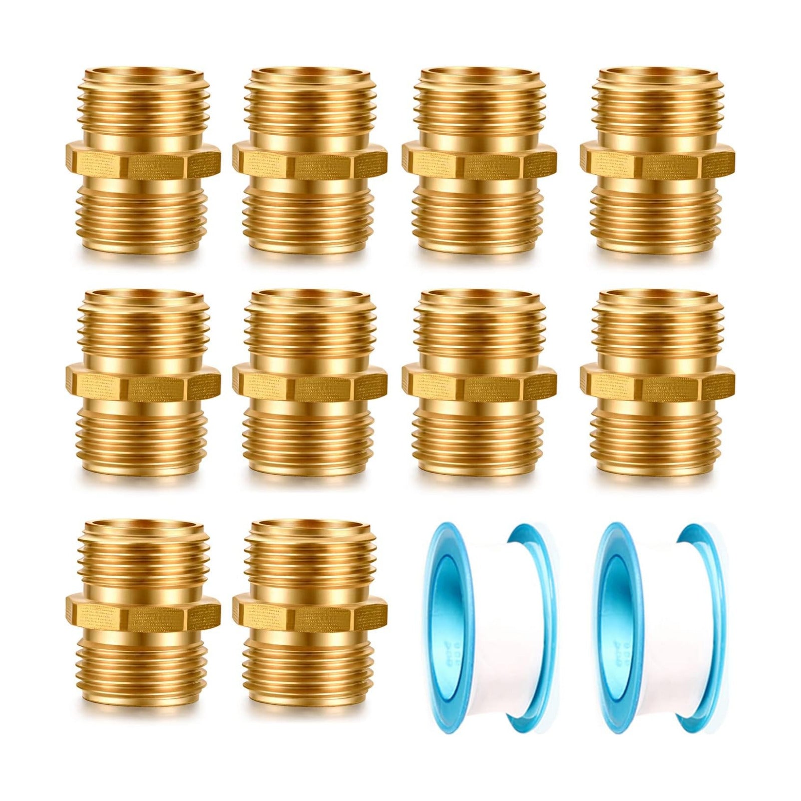 Garden Hose Fittings - Solid Brass Repair Connectors: Double Male Faucet Leader Coupler (3/4" GHT) (10-PCS)
