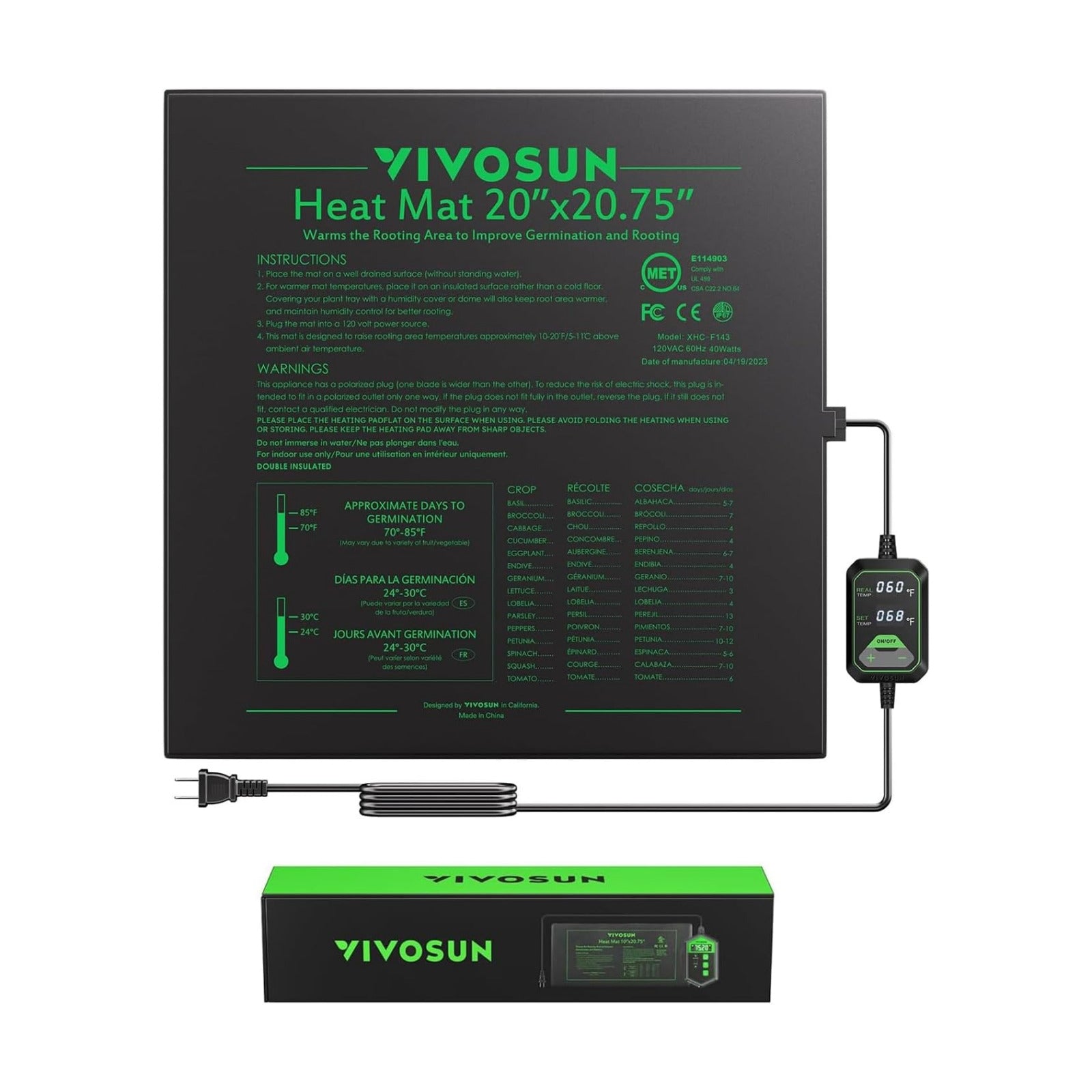 VIVOSUN 20"x20.75" Seedling Heat Mat with Built-in Temperature Controller | UL & MET-Certified Waterproof Plant Heating