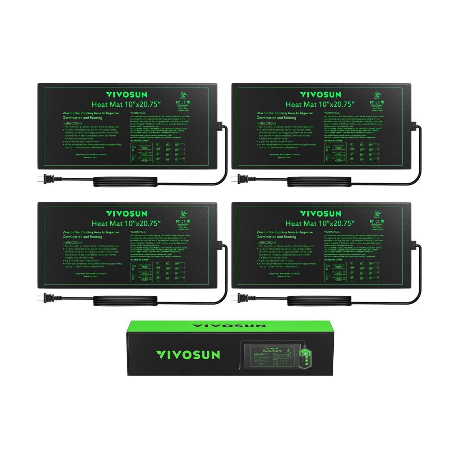 VIVOSUN 4-Pack 10" x 20.75" Durable Waterproof Seedling Heat Mat | UL & MET-Certified Warm Hydroponic Heating Pad for