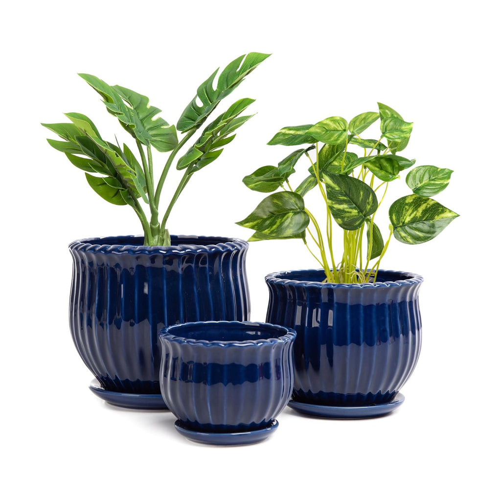Ceramic Flower Pots, Ceramic Planters with Drainage Hole and Saucer, Modern Round Ceramic Succulent Plant Pots with