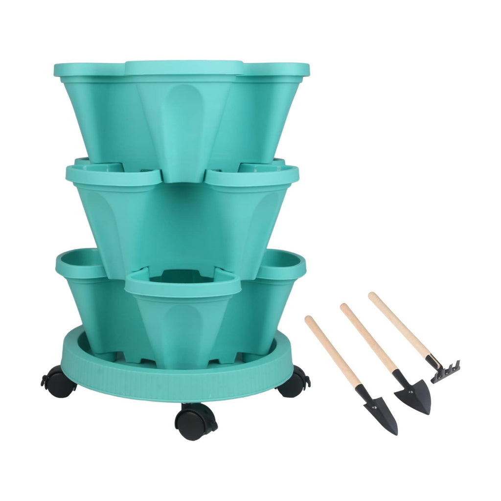 DUNCHATY Stackable Planter, Vertical Garden Planter with Wheels and Tools, Self Watering Strawberry Planter