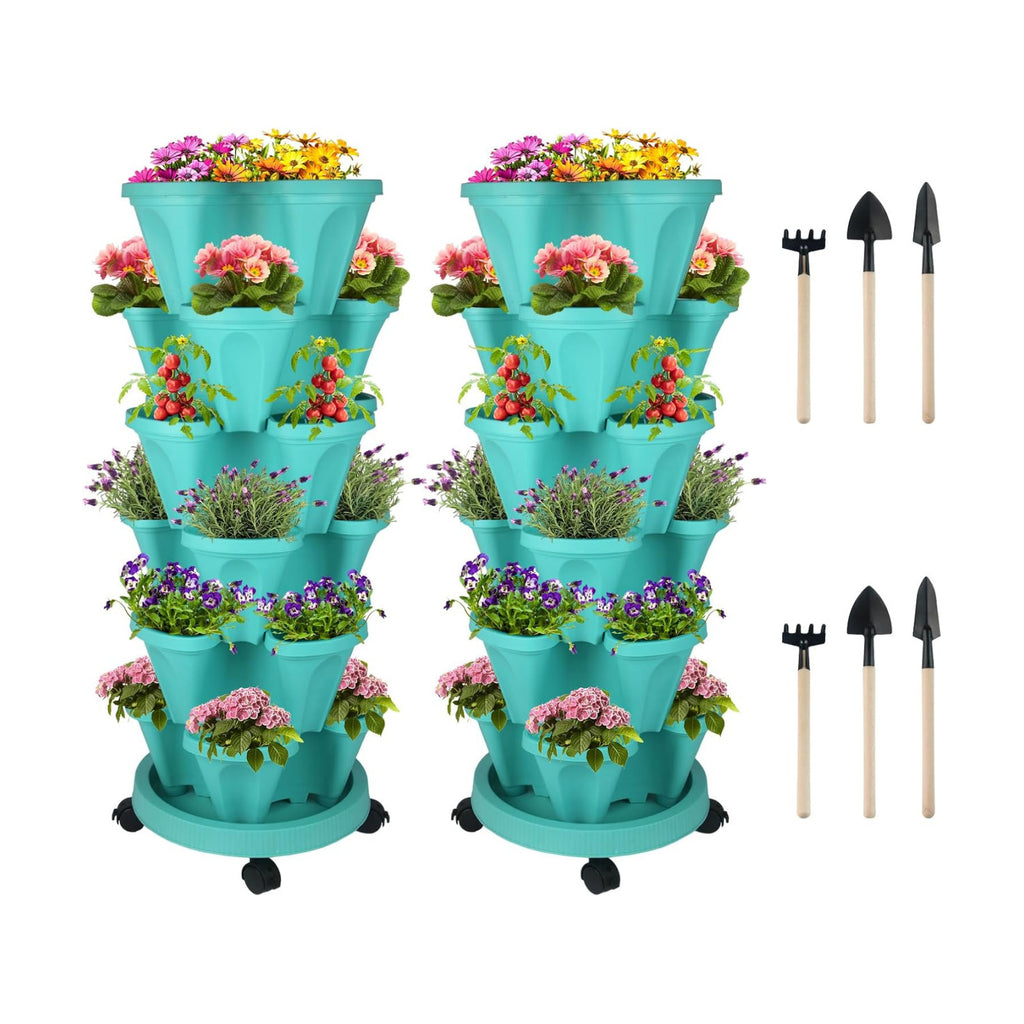 DUNCHATY Stackable Planter, Vertical Strawberry Planter with Garen Tool Set, Self Watering Garden Planter