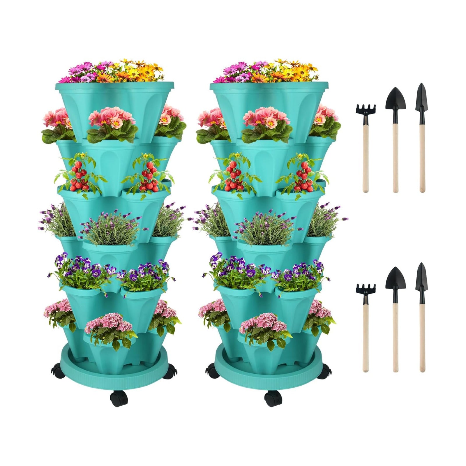DUNCHATY Stackable Planter, Vertical Strawberry Planter with Garen Tool Set, Self Watering Garden Planter