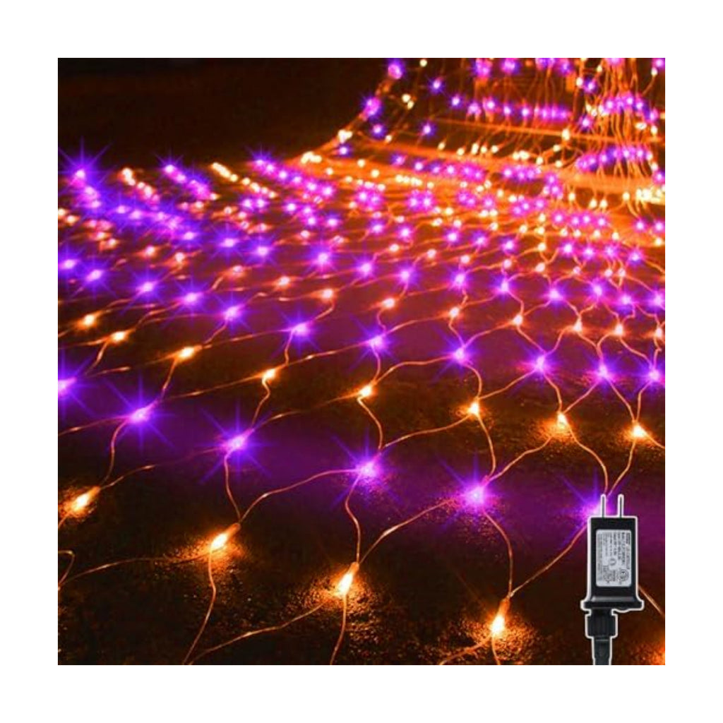 WATERGLIDE Outdoor Halloween Net Lights, 12FT x 5FT 360 LED Fairy String Light with 8 Lighting Modes, Connectable Light Safe Adaptor for Garden Tree Bushes Holiday Party Decorations, Orange & Purple