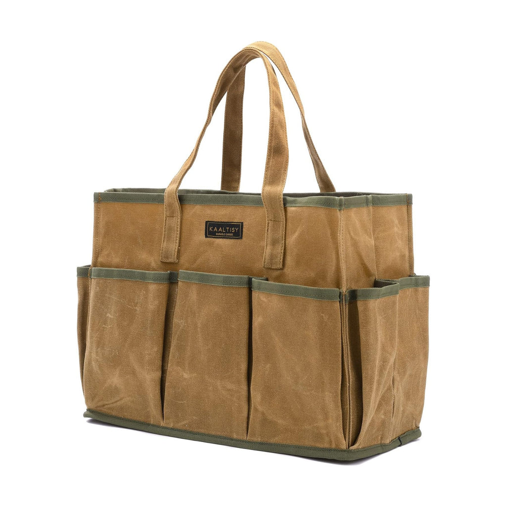 16OZ Waxed Canvas Tool Tote Bag | Large-Capacity Tool Storage Tote with 10 External Pockets | Multi-Purpose Garden Tool