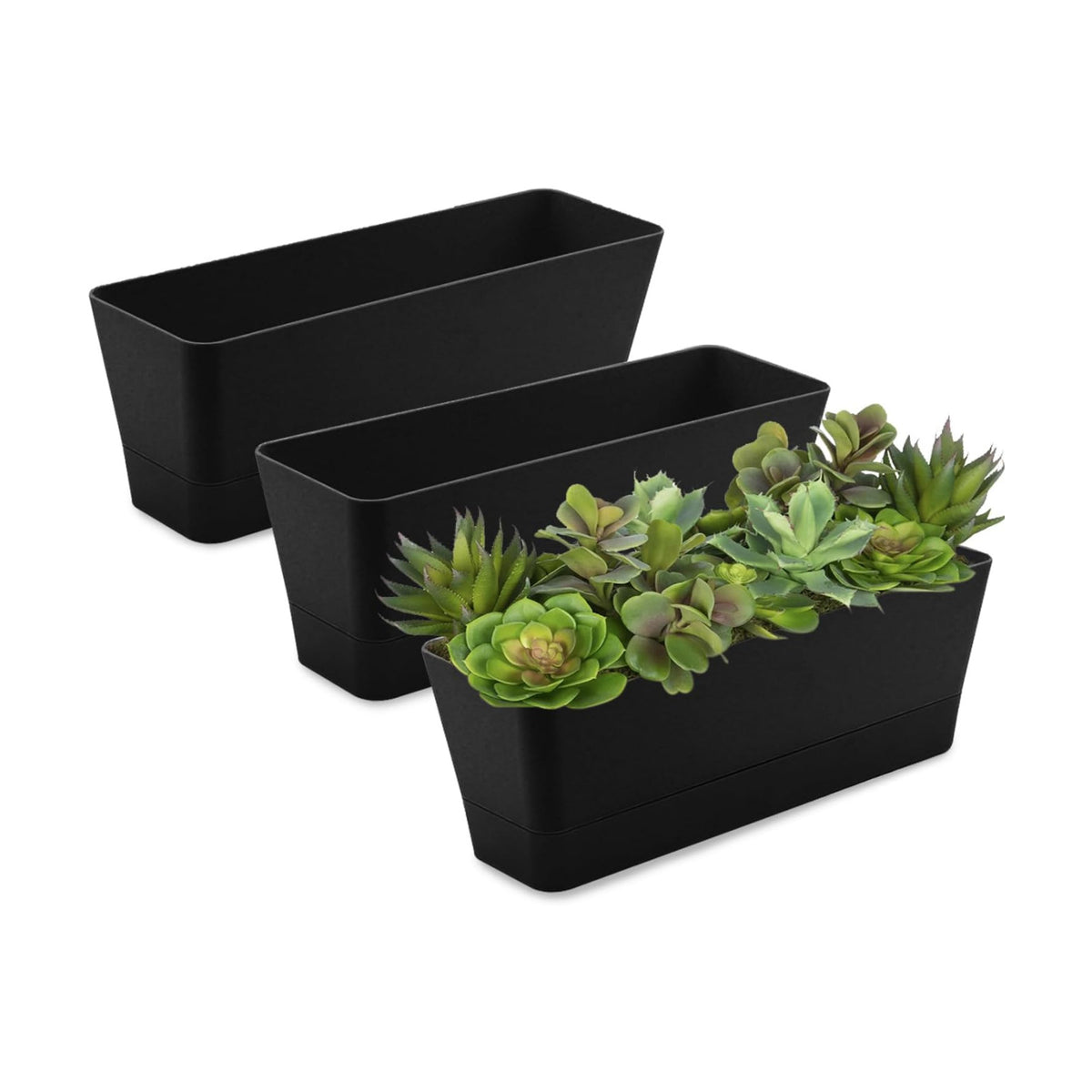 Lainrrew 3 Pack Window Box Planters, 12 Inches Rectangular Planter Plastic Flower Box Plant Pots Plant Containers with Tray for Balcony, Windowsill, Garden, Home Office Outdoor Decoration (Black)