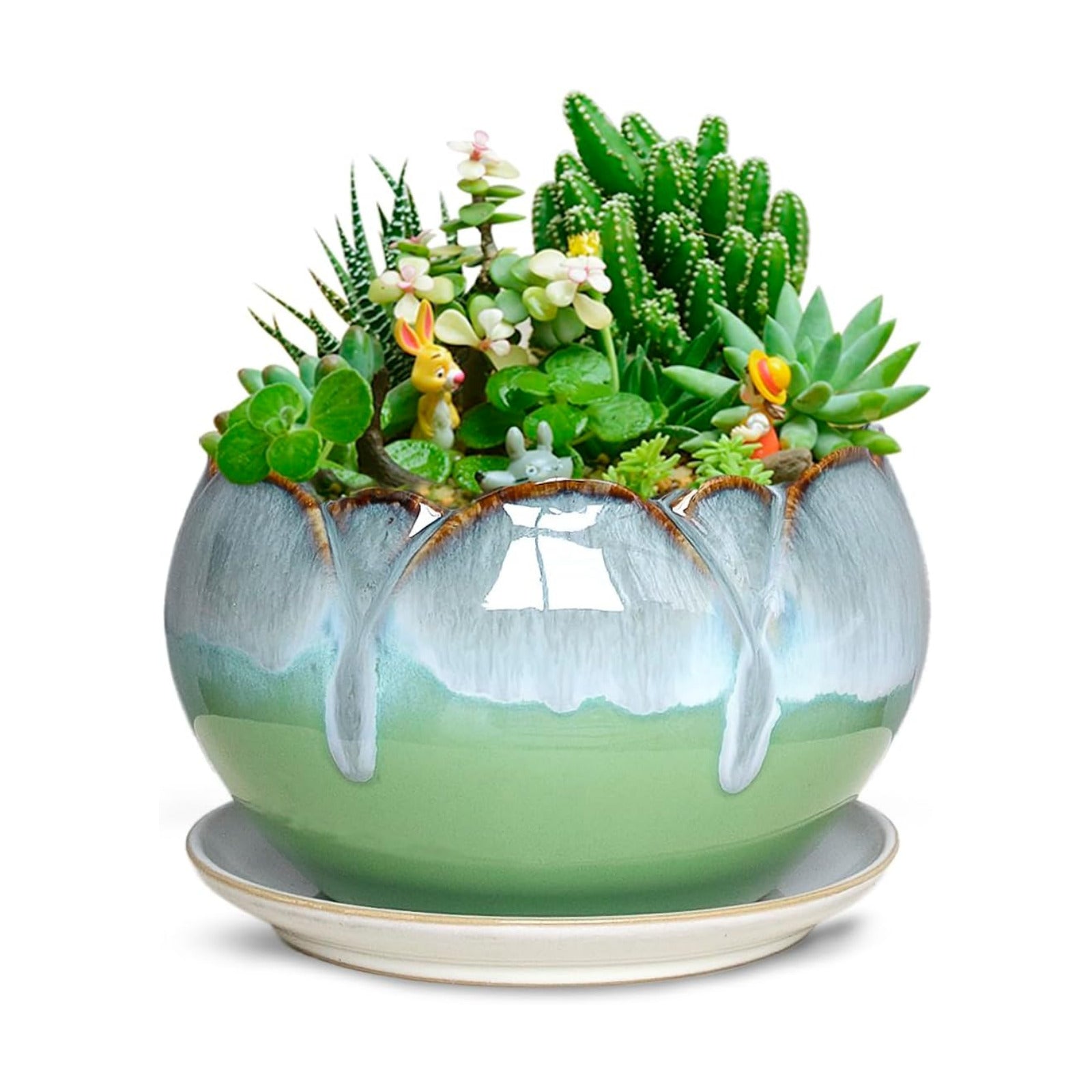 Dahlia 5.5'' Inch Rustic Drip Glazed Ceramic Planter/Succulent Pot/Plant Pot w. Saucer/Tray, Green