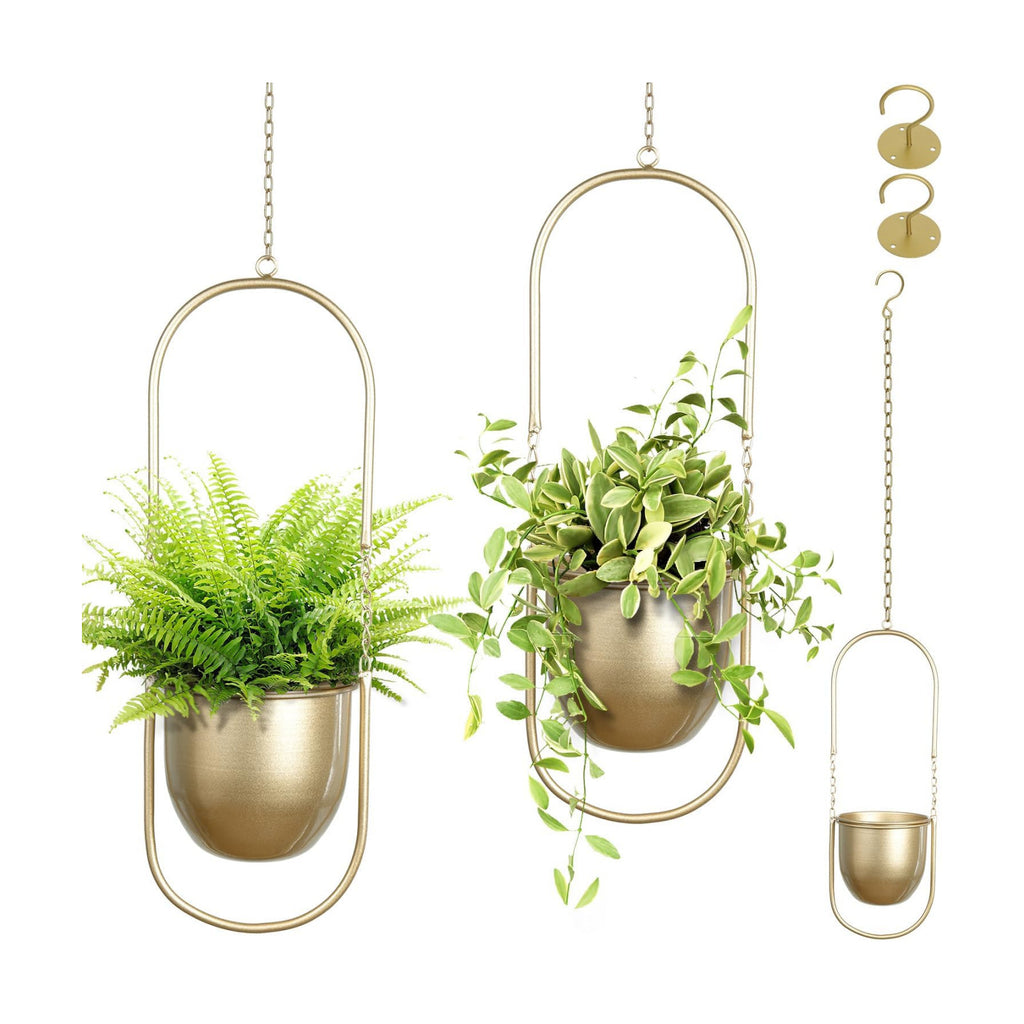 AceList Boho Hanging Planter for Indoor Plants - Set of 2 Gold Metal Wall Planter 5.7Inch with Hooks and Chins, Plant