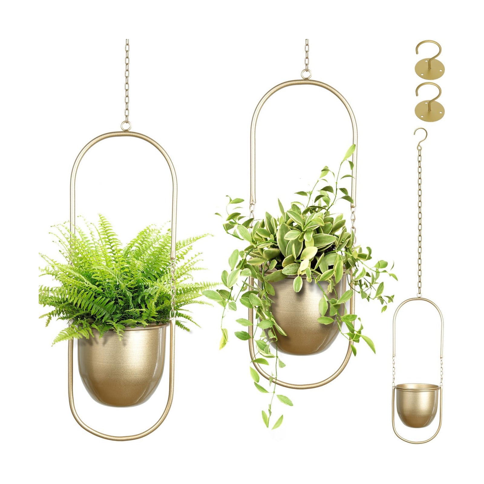 AceList Boho Hanging Planter for Indoor Plants - Set of 2 Gold Metal Wall Planter 5.7Inch with Hooks and Chins, Plant