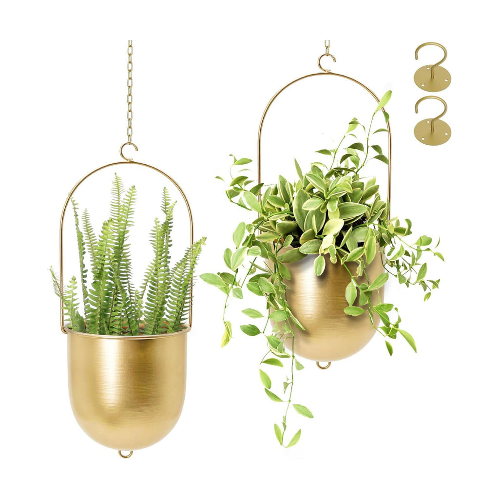 AceList Boho Hanging Planter, Set of 2 Gold Metal Plant Hanger with Hooks and Chains, Modern Wall & Ceiling Planters