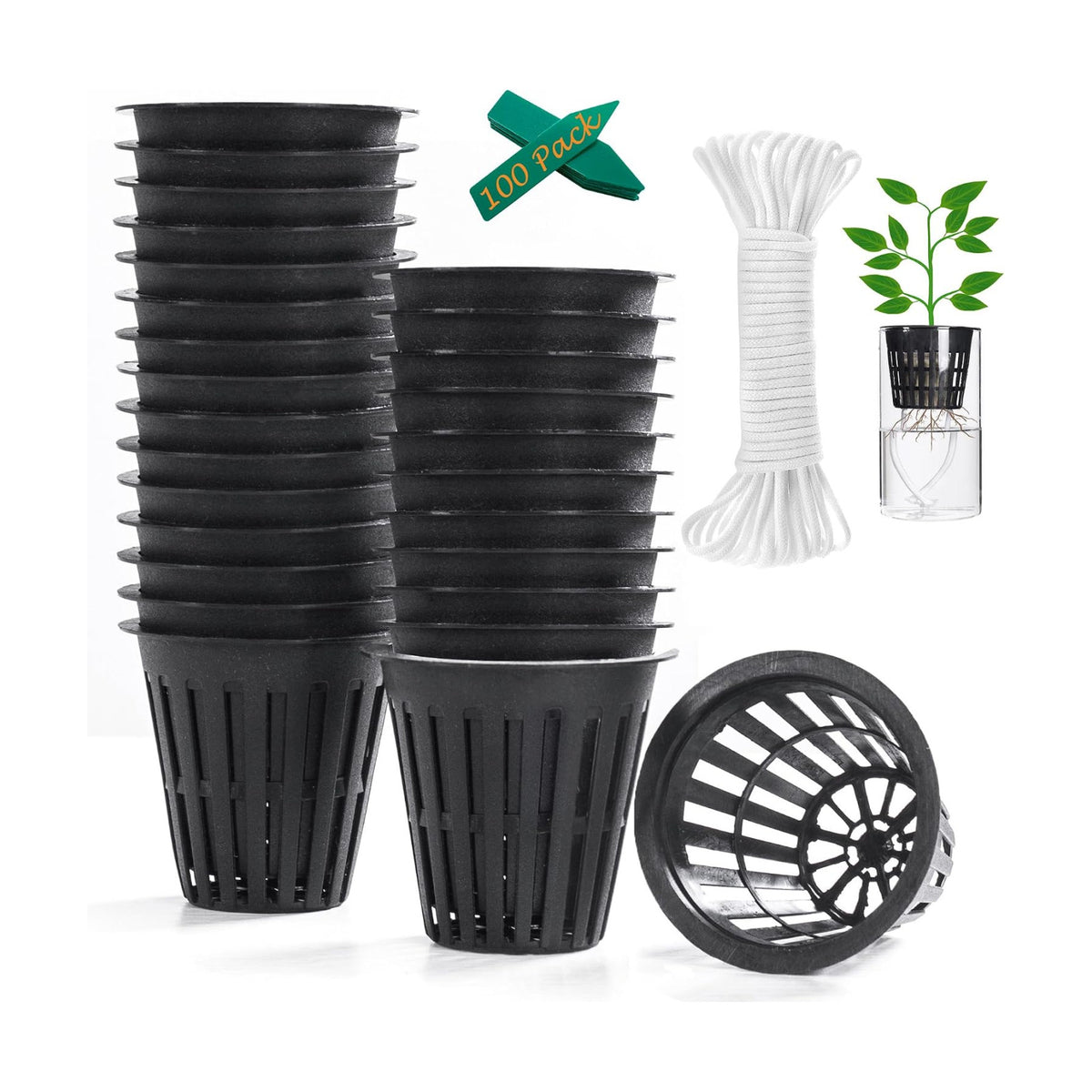 ORIMERC 2 inch Net Pots for Hydroponics Plants, 100 Pack Net Cups with Watering Rope & Plant Labels, for Hydroponic Supplies Aquaponics Vegetable Garden Growing Baskets Nursery Slotted Mesh tower Pots