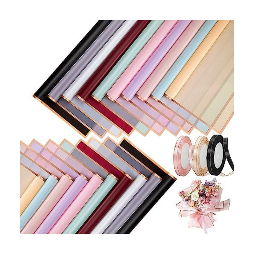 100 Sheets Flower Wrapping Paper with Pure Color Flower Bouquet Wrapping Paper for Waterproof DIY Crafts Packaging, 22.8x22.8 inch (10 Colors) with 3 Ribbons