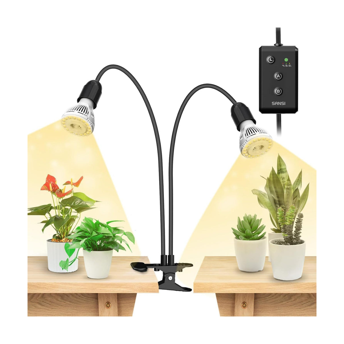 SANSI LED Grow Lights for Indoor Plants, Lifetime Free Bulb Replacement | 300W Full Spectrum 2-Gooseneck Clip Plant
