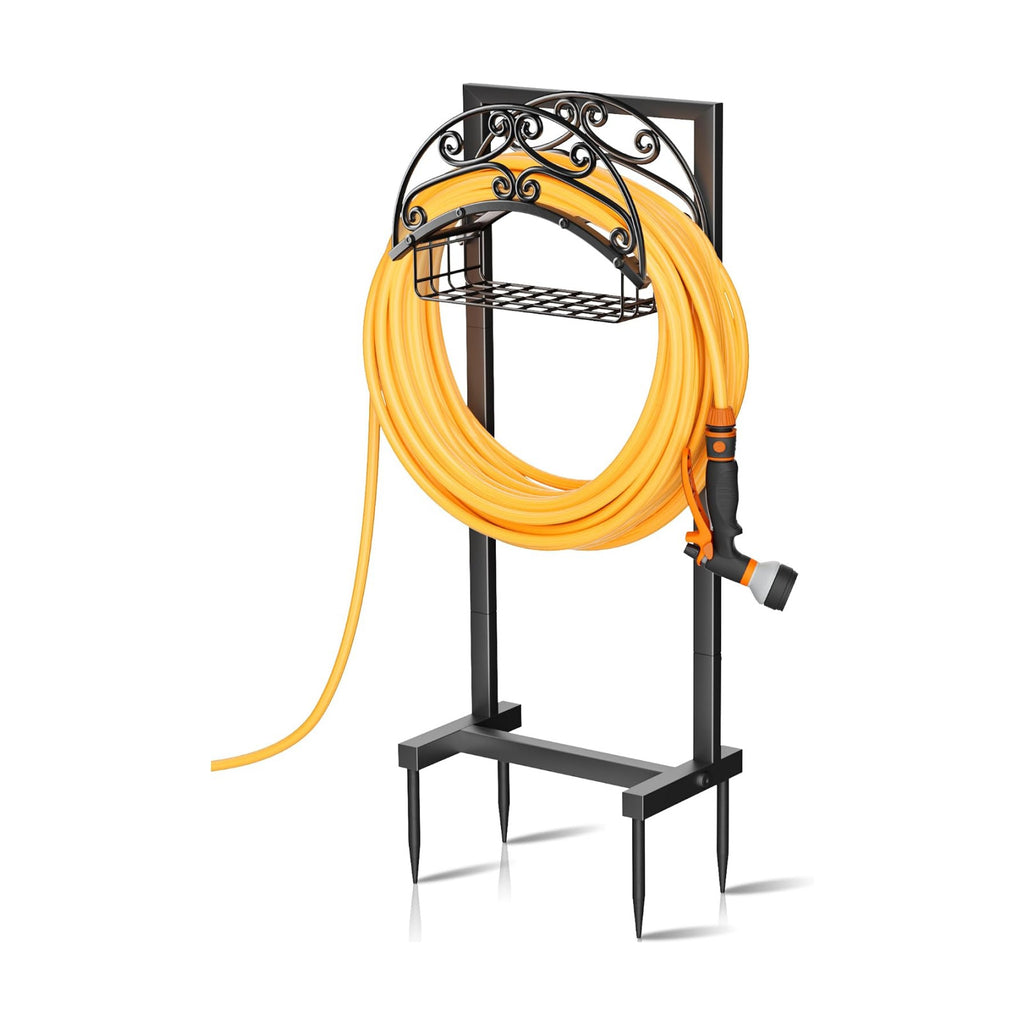 Gayuteay Garden Water Hose Holder with Storage Basket for Outside | Holds 151ft Heavy Duty Freestanding Hose Reel