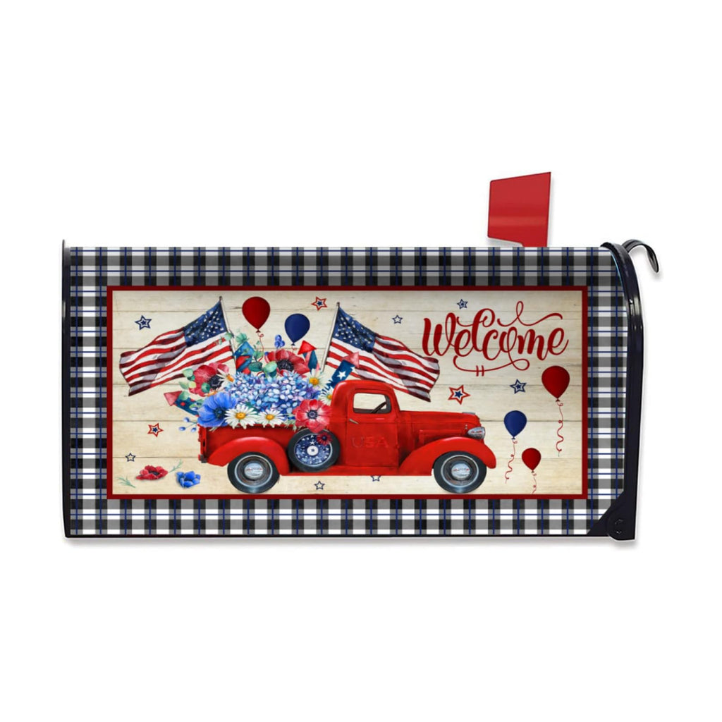 July 4Th Independence Day Mailbox Cover Magnetic Standard Size 18x21 Inch USA Patriotic American Flag Welcome Red Truck Wraps Post Letter Box for Home Garden Yard Decor