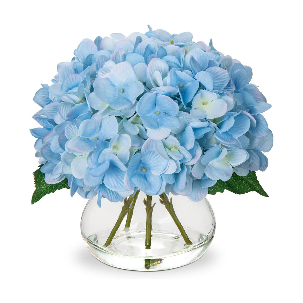 Hollyone Hydrangea Artificial Flowers with Vase Blue Silk Fake Flowers Arrangements in Glass Vase with Faux Water Faux Floral Bulk Bouquet for Home Decor Bathroom Table Centerpiece Shelf Decorations