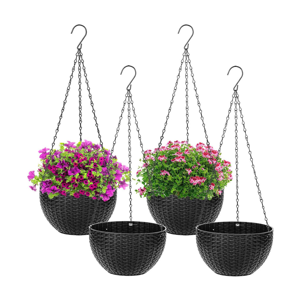 Foraineam 4 Pack Black Hanging Planters, 8.2 inch Hanging Flower Basket Planter Pots, Garden Plant Pot Container