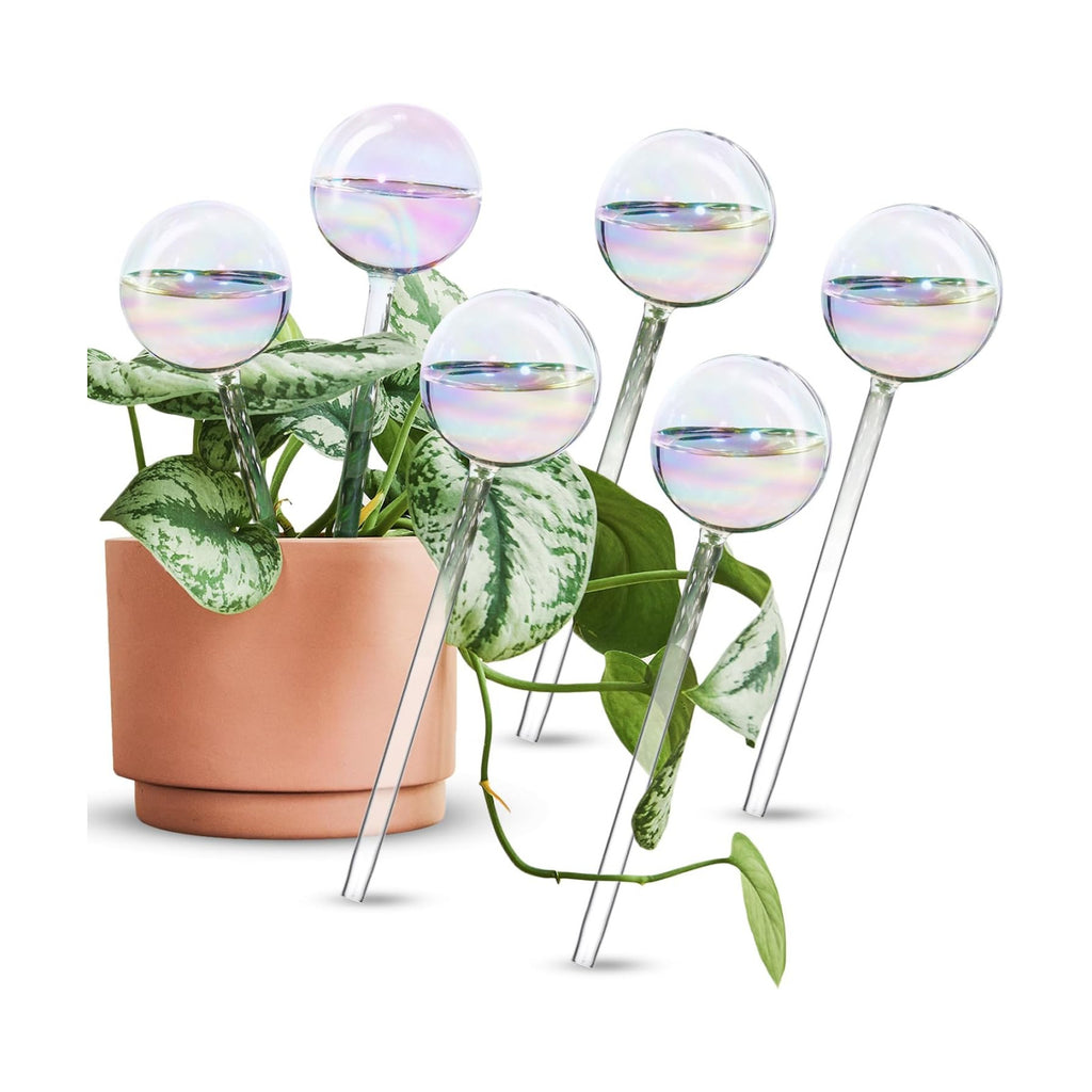 [6 PCS] Light Iridescent Rainbow Gradient Color Clear Glass Self-Watering System Spikes, Automatic Plant Waterer Bulbs