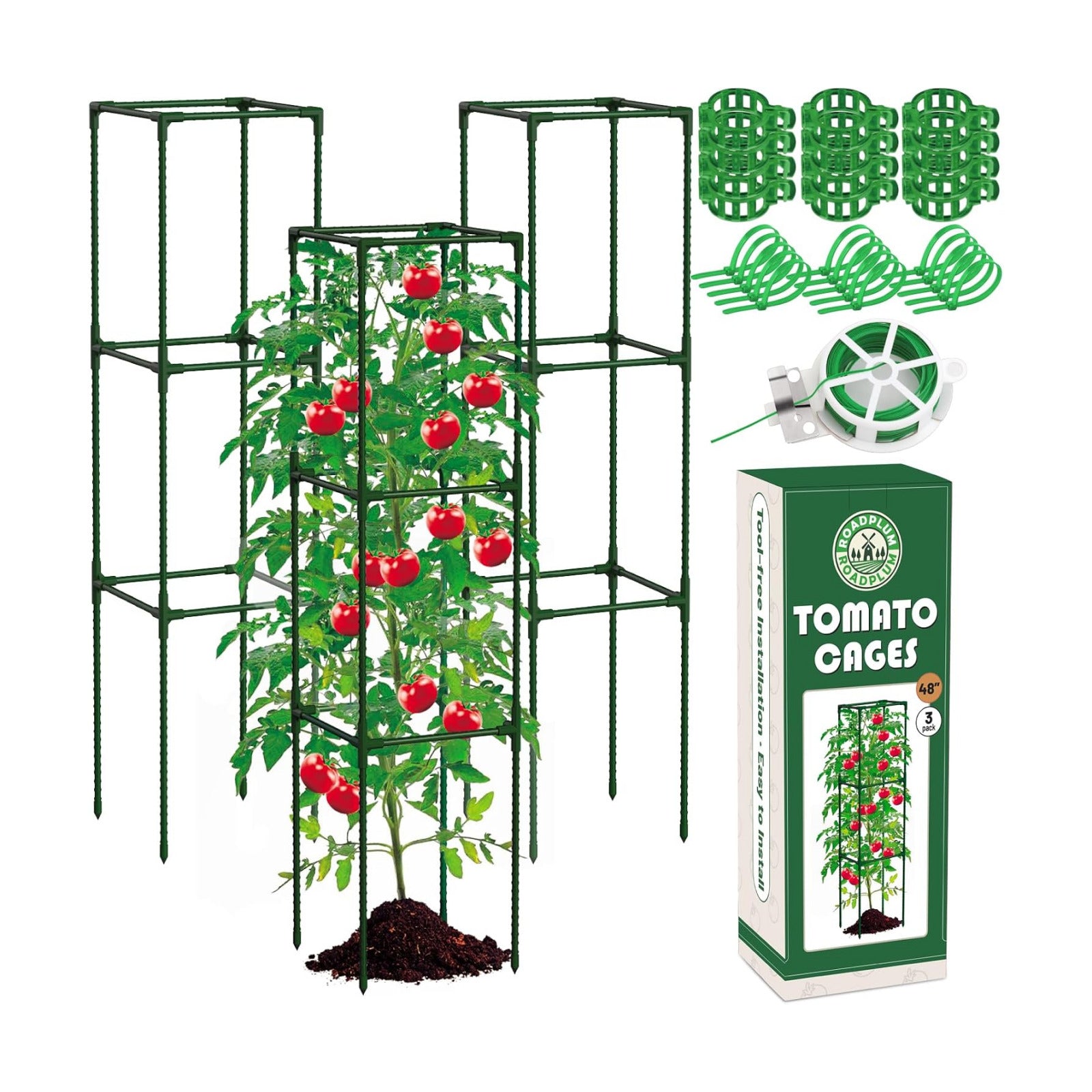 ROADPLUM 3 Pack 48" Tomato Cages for Garden, Plastic Coated Steel Pipe Heavy Duty Adjustable Tomato Stakes Trellis