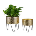 MyGift Modern Brass Metal Plant Containers with Matte Black Stands, 2 Pc | Handcrafted in India, textured planters with