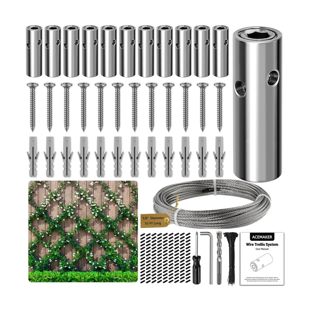 Wire Trellis Kit, 12-Set 1/8” Cylindrical Kit with 53ft Cable | T316 Marine Grade Stainless Steel, Wire Trellis System