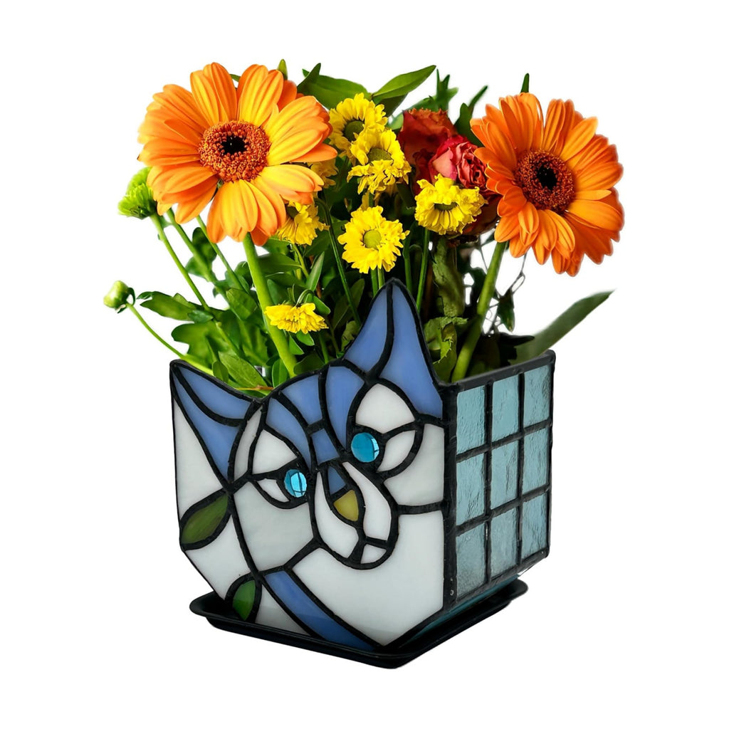 Stained Glass Cat Flower Pot,Cute Pots for Plants,Small Plant Pot with Unique Cat Face Design,Tiltable Terrarium