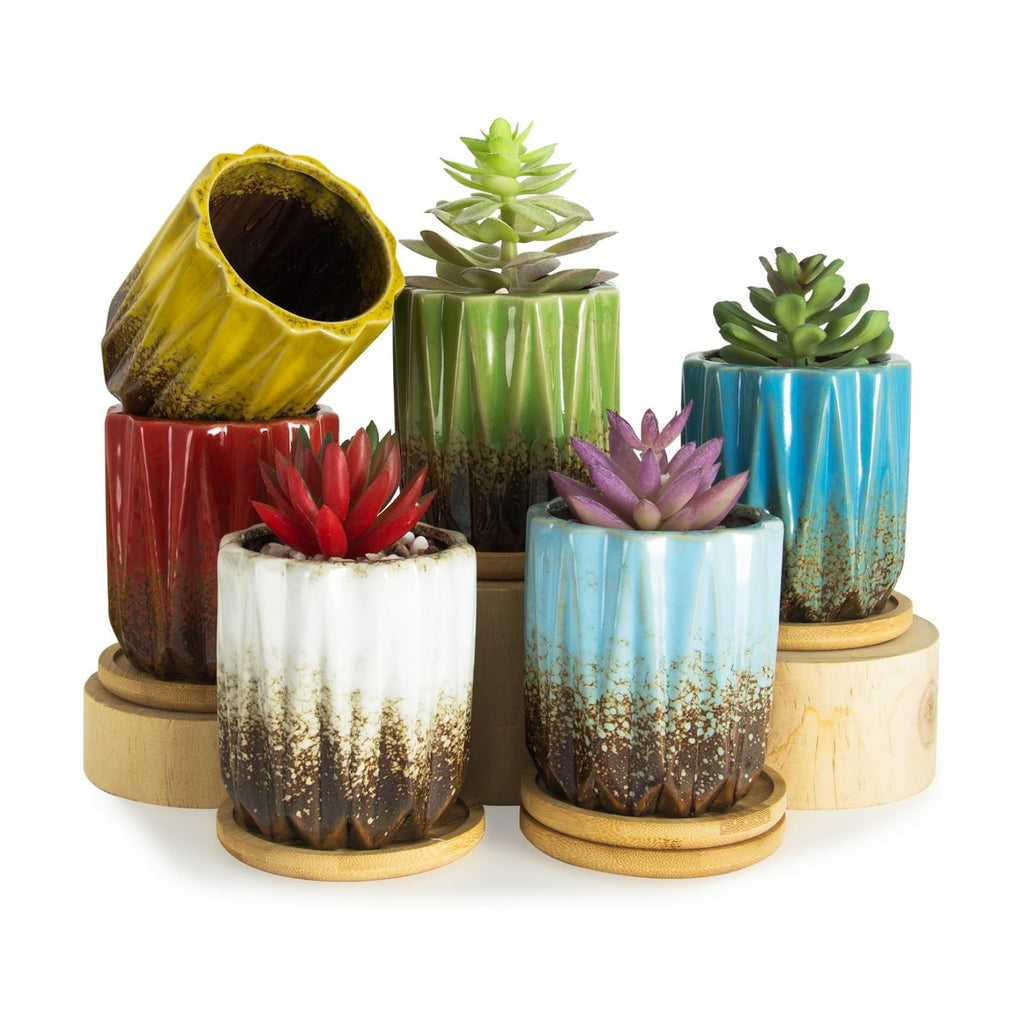 Succulent Pots, 3.15 Inch Small Plant Pots with Drainage Trays Set of 6 | Ceramic Pots for Indoor Plants Glazed Cactus